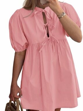 Pink Tie-Front Puff Sleeve Babydoll Dress